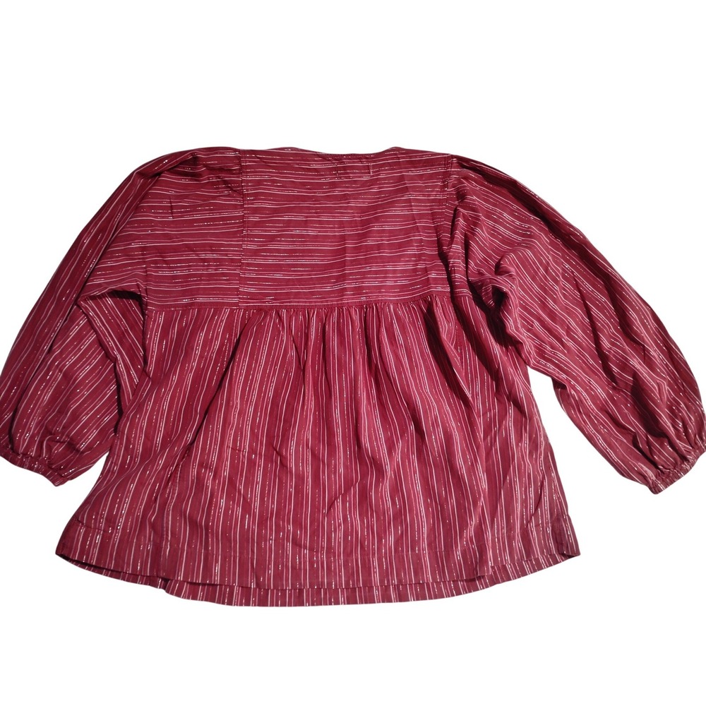 Madewell Maroon Metallic Striped V-Neck Balloon Sleeve Blouse Top XL Cotton - Picture 2 of 9